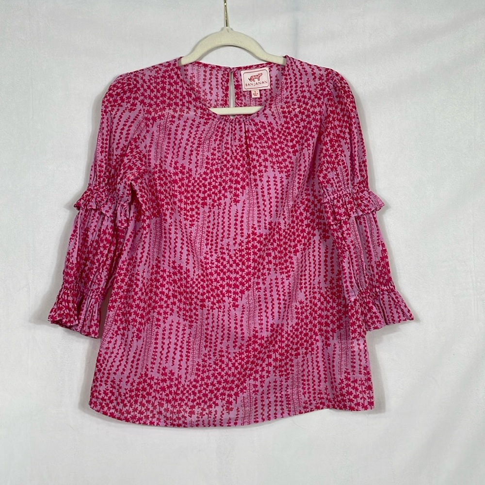 BANJANAN Top Blouse Size S Pink Print 100% Lightweight Cotton EUC